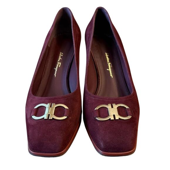 Salvatore Ferragamo Women’s Comiso Suede Leather Pump Chunky Heel Burgundy Sz 8 - Picture 2 of 13